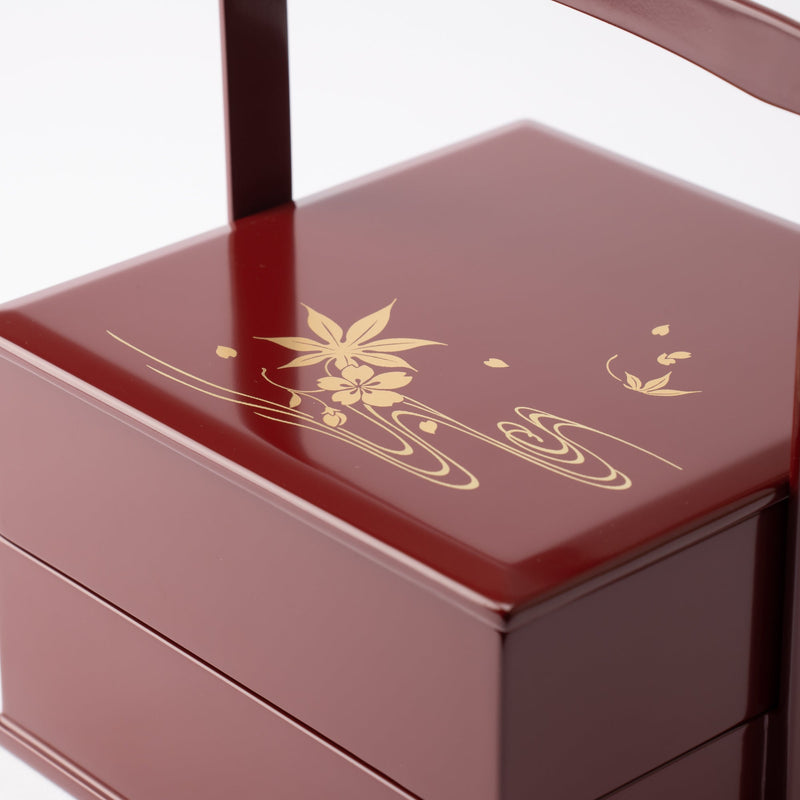 Red Running Water Echizen Lacquerware Two Tiers Jubako Bento Box with Handle - MUSUBI KILN - Handmade Japanese Tableware and Japanese Dinnerware