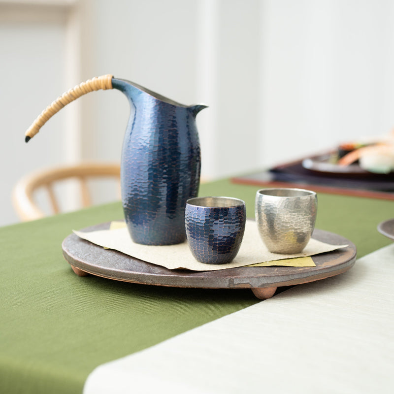 Seigado Tales of a Century Indigo Blue Chirori Tin Sake Carafe - MUSUBI KILN - Handmade Japanese Tableware and Japanese Dinnerware