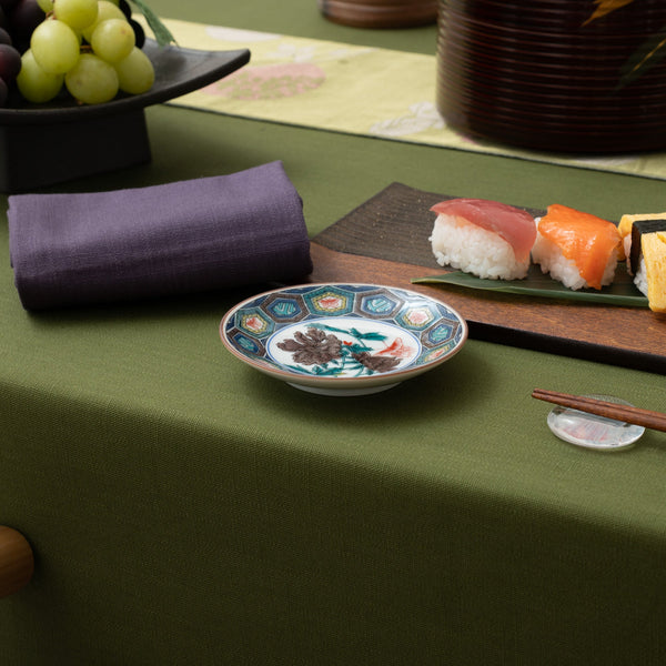Seikou Kiln Hexagonal Pattern with Peony Kutani Sauce Plate - MUSUBI KILN - Handmade Japanese Tableware and Japanese Dinnerware