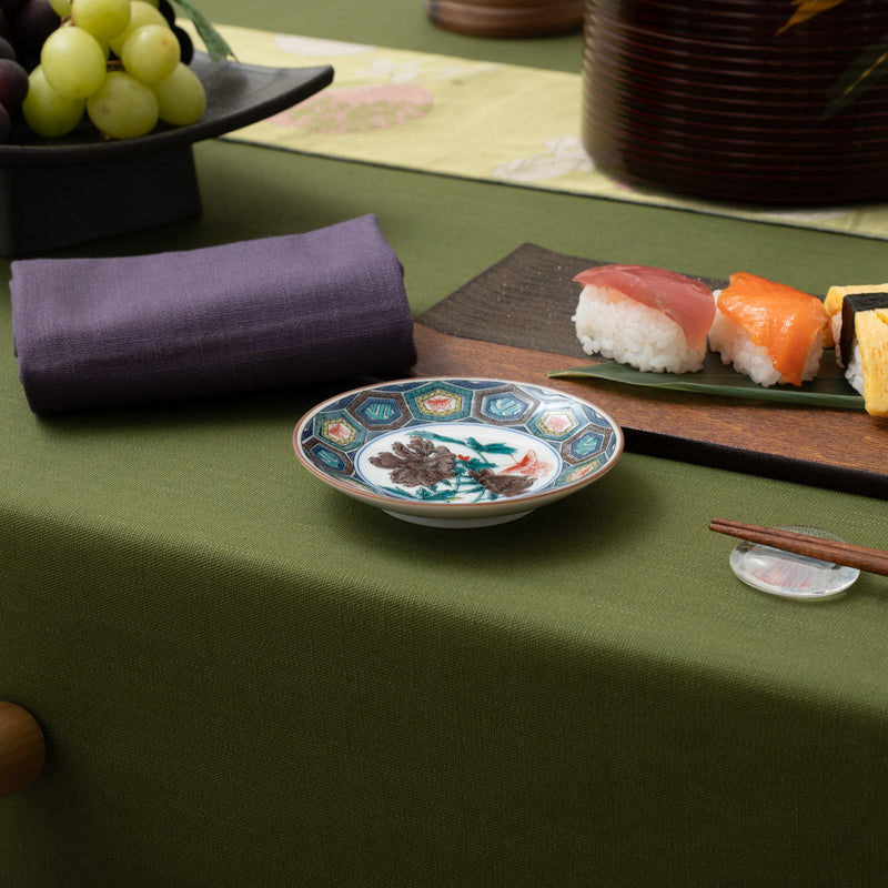 Seikou Kiln Hexagonal Pattern with Peony Kutani Sauce Plate - MUSUBI KILN - Handmade Japanese Tableware and Japanese Dinnerware
