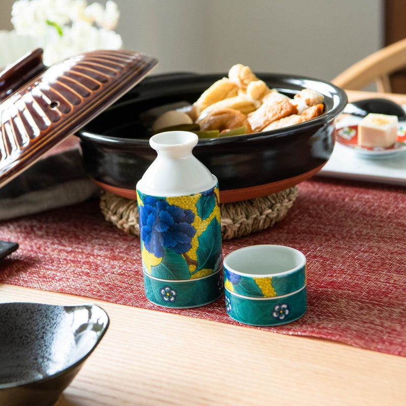 Seikou Kiln Yoshidaya Blue Peony Kutani Sake Set - MUSUBI KILN - Handmade Japanese Tableware and Japanese Dinnerware