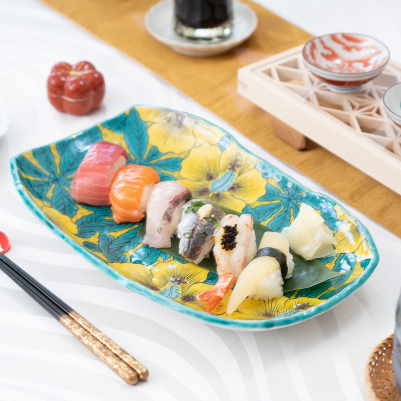 Seikou Kiln Yoshidaya Hibiscus Kutani Rectangle Plate - MUSUBI KILN - Handmade Japanese Tableware and Japanese Dinnerware