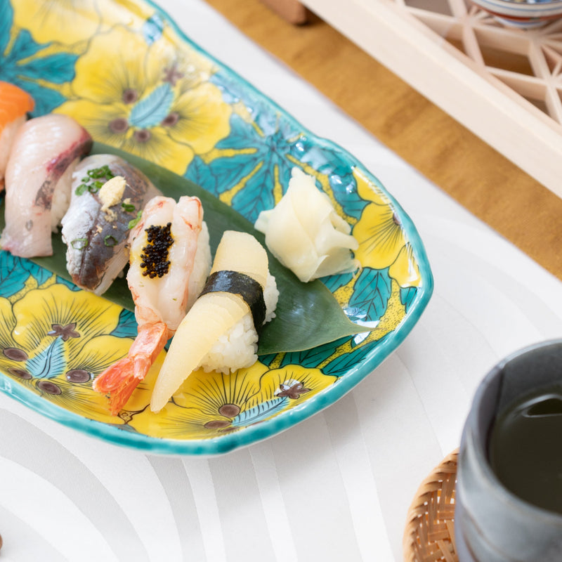 Seikou Kiln Yoshidaya Hibiscus Kutani Rectangle Plate - MUSUBI KILN - Handmade Japanese Tableware and Japanese Dinnerware