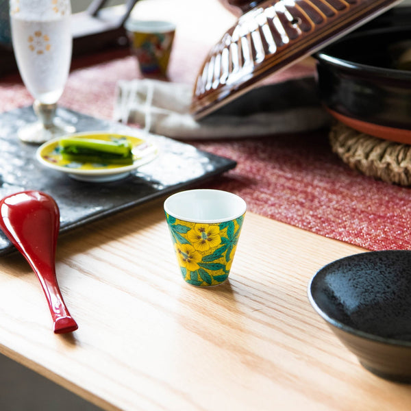 Seikou Kiln Yoshidaya Kutani Hibiscus Ochoko Sake Cup - MUSUBI KILN - Handmade Japanese Tableware and Japanese Dinnerware
