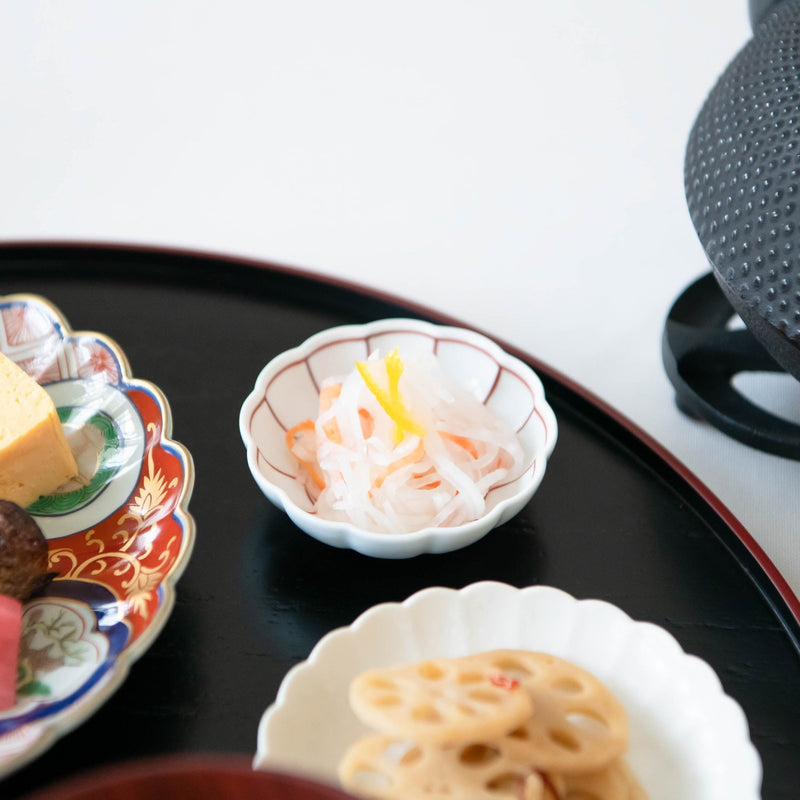 Soramoe Red Chrysanthemum Hasami Kozuke Kobachi Bowl - MUSUBI KILN - Handmade Japanese Tableware and Japanese Dinnerware