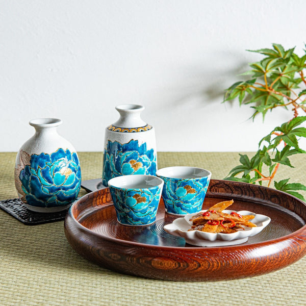 Souraku-An Blue Peony Cylindrical Sake Set - MUSUBI KILN - Handmade Japanese Tableware and Japanese Dinnerware