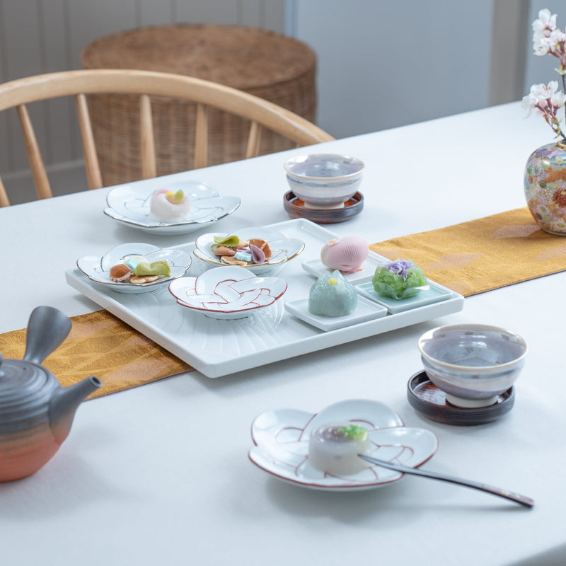 4 Pcs Japanese Sushi Plate Dinnerware Set White with Plum Blossom Design, Purple