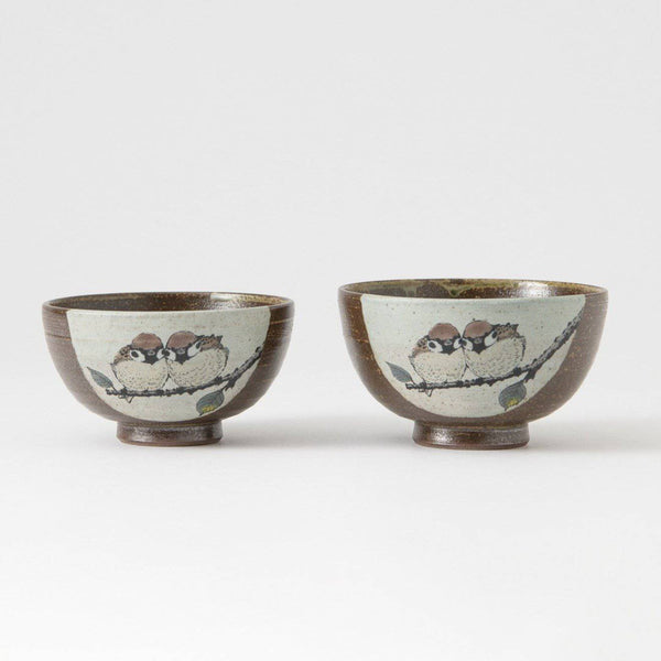 Twin Sparrows Kutani Rice Bowl Pair - MUSUBI KILN - Handmade Japanese Tableware and Japanese Dinnerware
