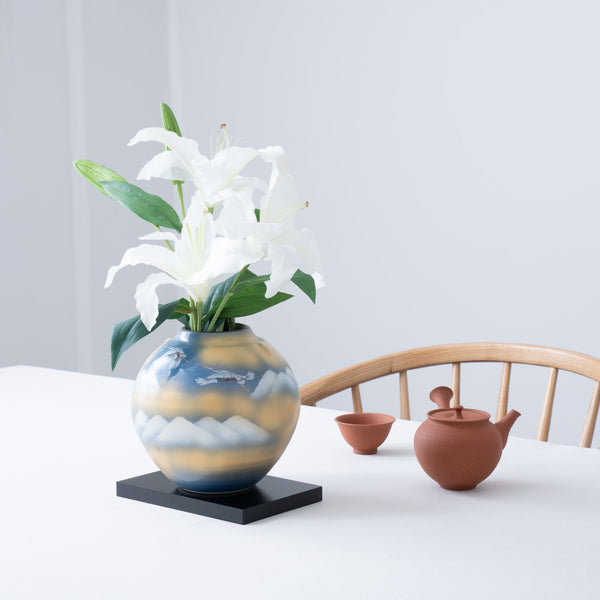 Two Cranes and Mountains Kutani Japanese Flower Vase with stand - MUSUBI KILN - Handmade Japanese Tableware and Japanese Dinnerware