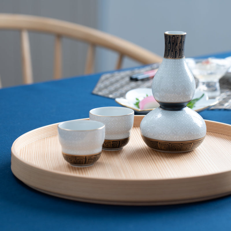 White Cloisonne Kutani Sake Set - MUSUBI KILN - Handmade Japanese Tableware and Japanese Dinnerware