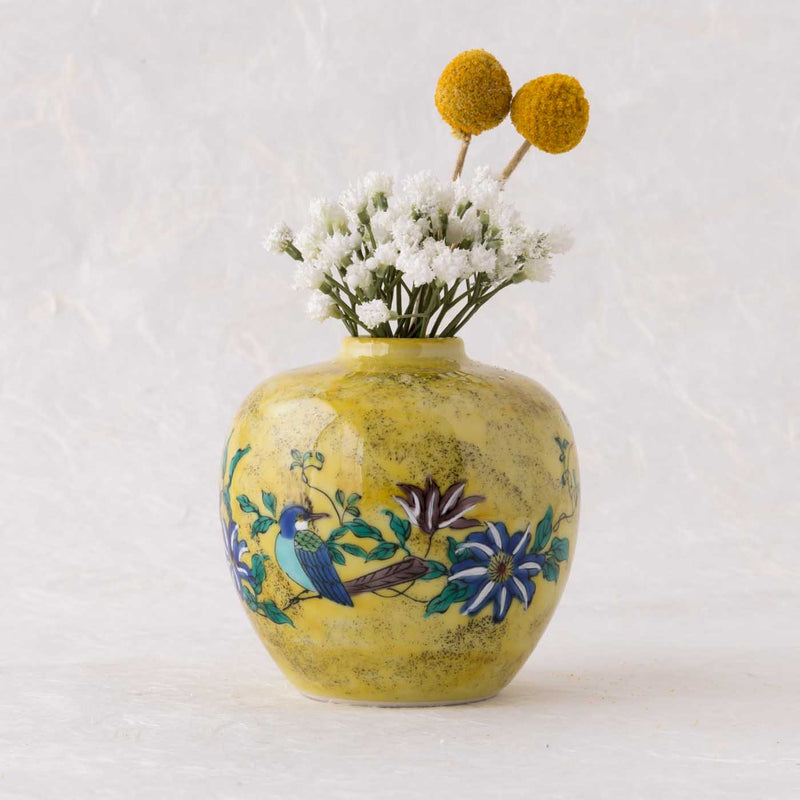 Yoshidaya Flower and Bird Kutani Round Flower Vase - MUSUBI KILN - Handmade Japanese Tableware and Japanese Dinnerware